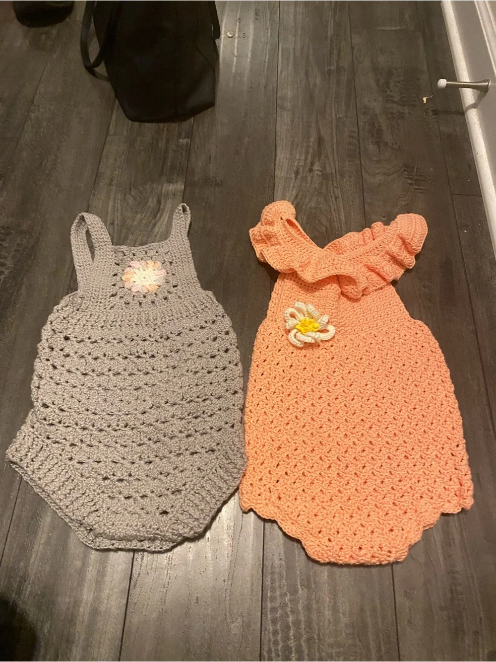 Handmade Crochet Kids One-Piece Romper — Gray & Peach both together